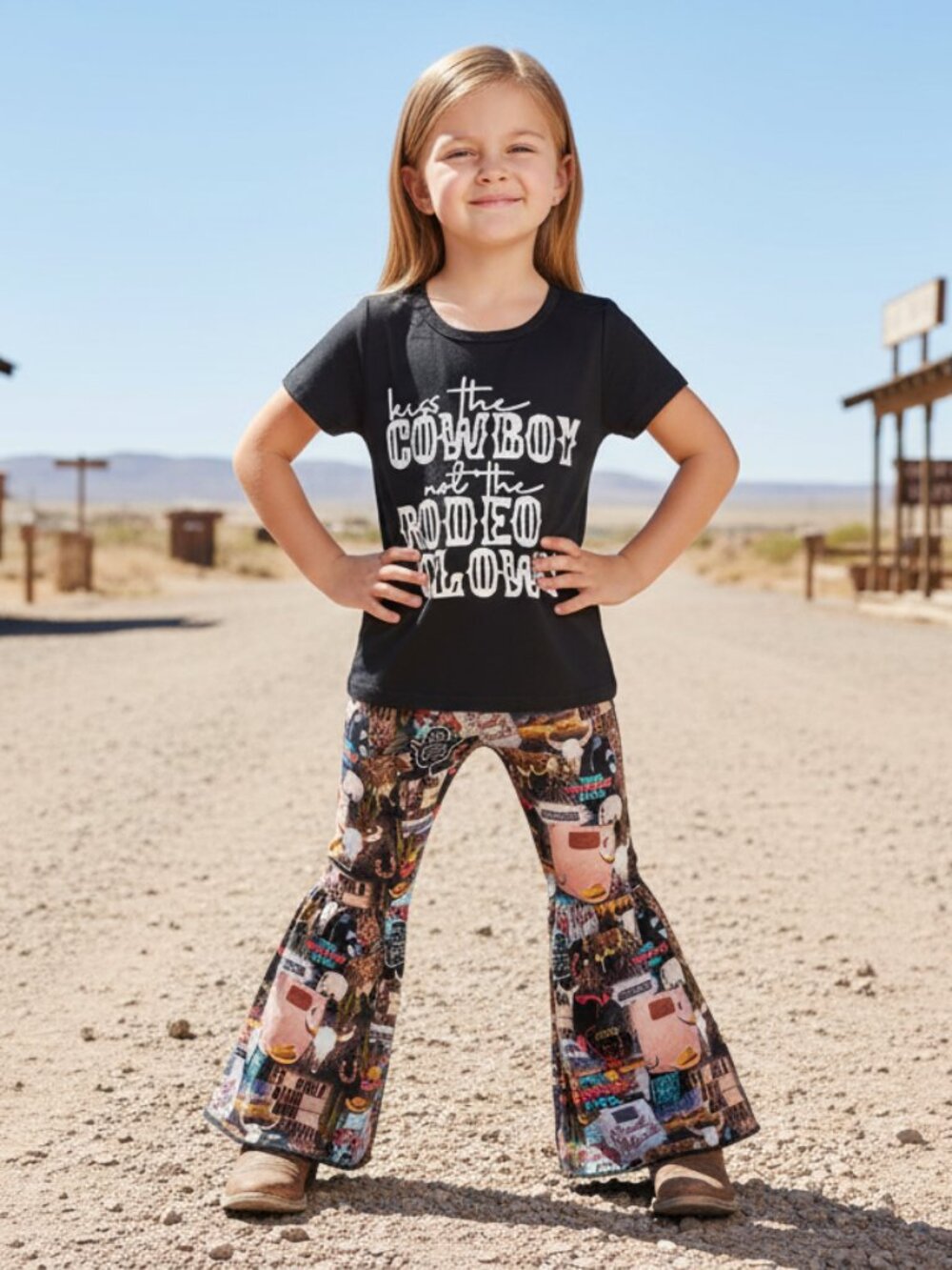 Girls Western Cowgirl Outfit, Rodeo Print Bell Bottoms, Sizes 6 month - 14\16